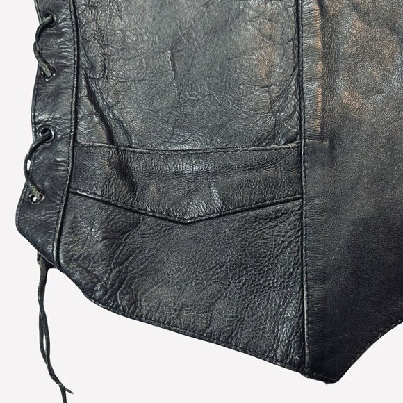 UNIK Men's Black Leather Motorcycle Vest Sz 42 Snaps Lace-Up Sides Pockets Biker - Picture 6 of 16